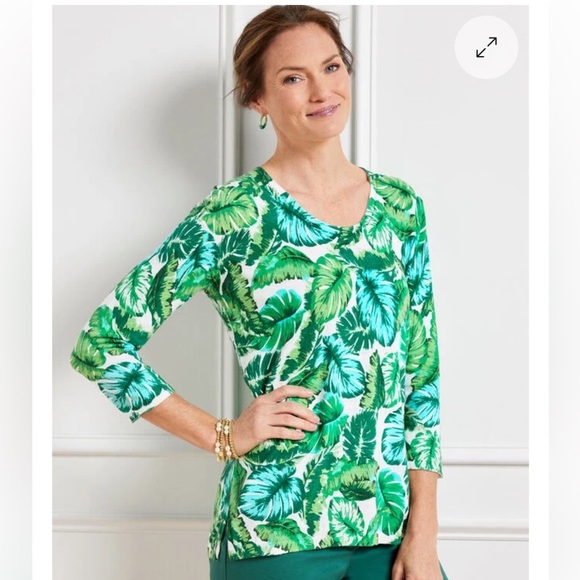 Talbots Isle Fronds V-neck Print Cotton Sweater 3/4 Sleeve Green Tropical 3X - Picture 1 of 15